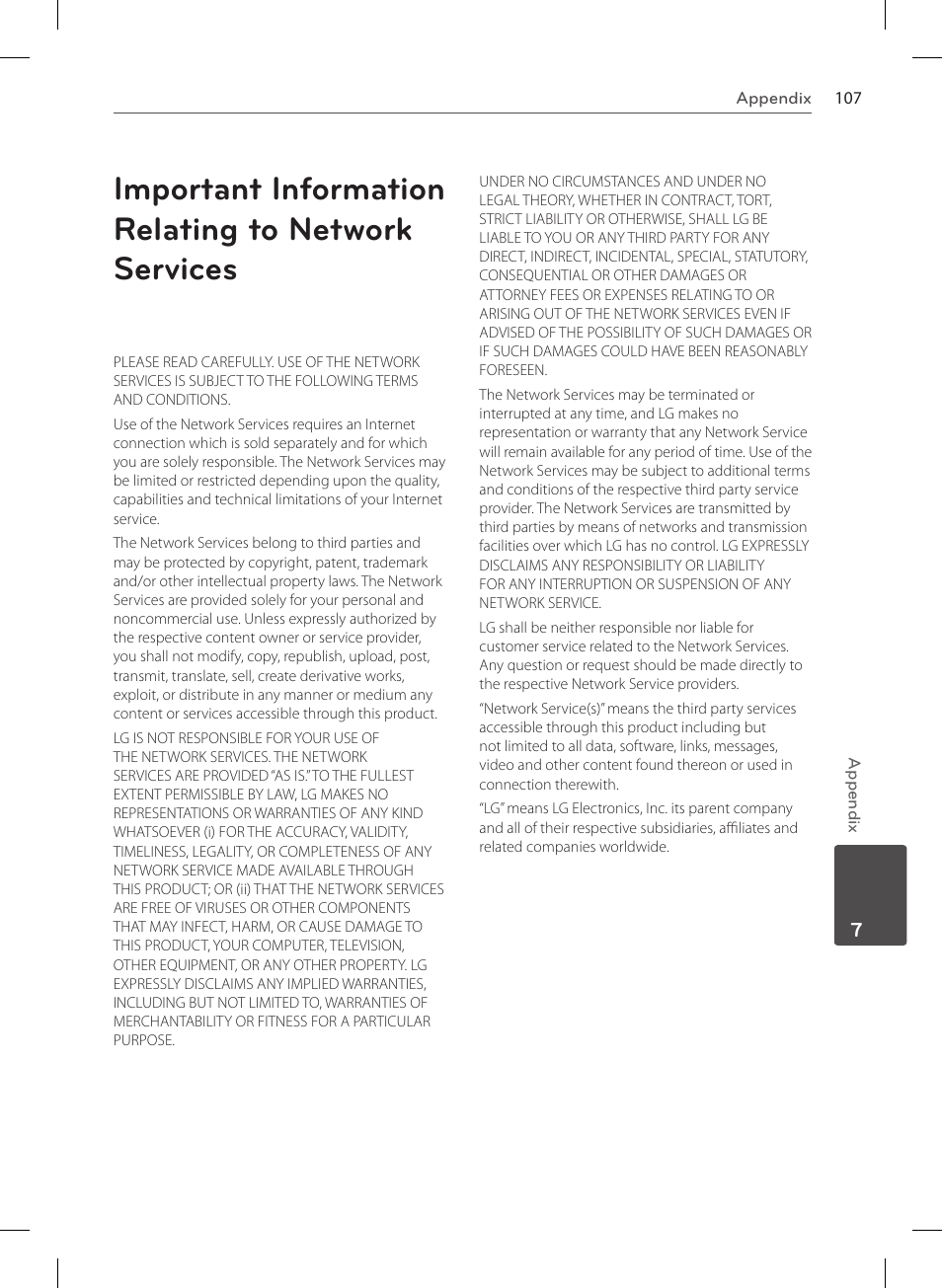 Important information relating to network services | LG HR570S User Manual | Page 107 / 112