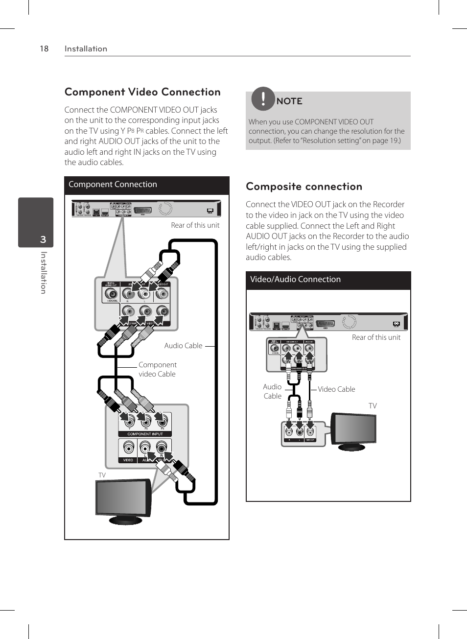 Component video connection, Composite connection | LG HR570S User Manual | Page 18 / 112