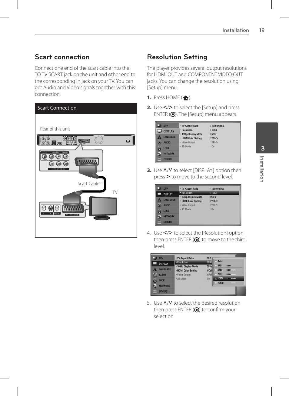 Scart connection, Resolution setting | LG HR570S User Manual | Page 19 / 112