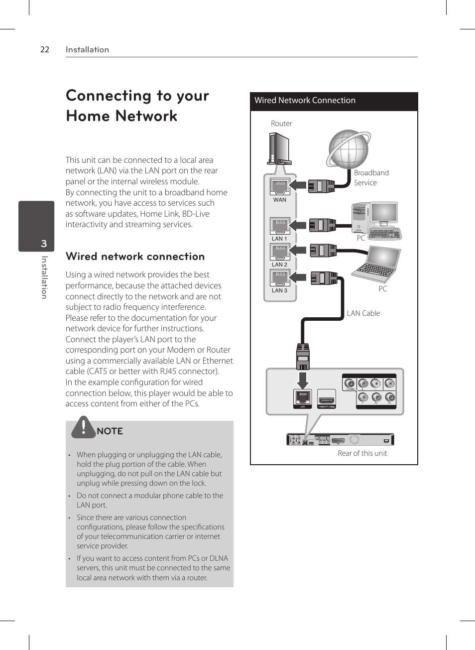 Connecting to your home network, Wired network connection | LG HR570S User Manual | Page 22 / 112