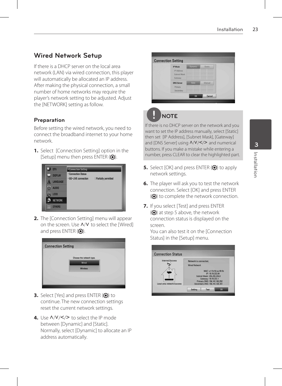 Wired network setup | LG HR570S User Manual | Page 23 / 112