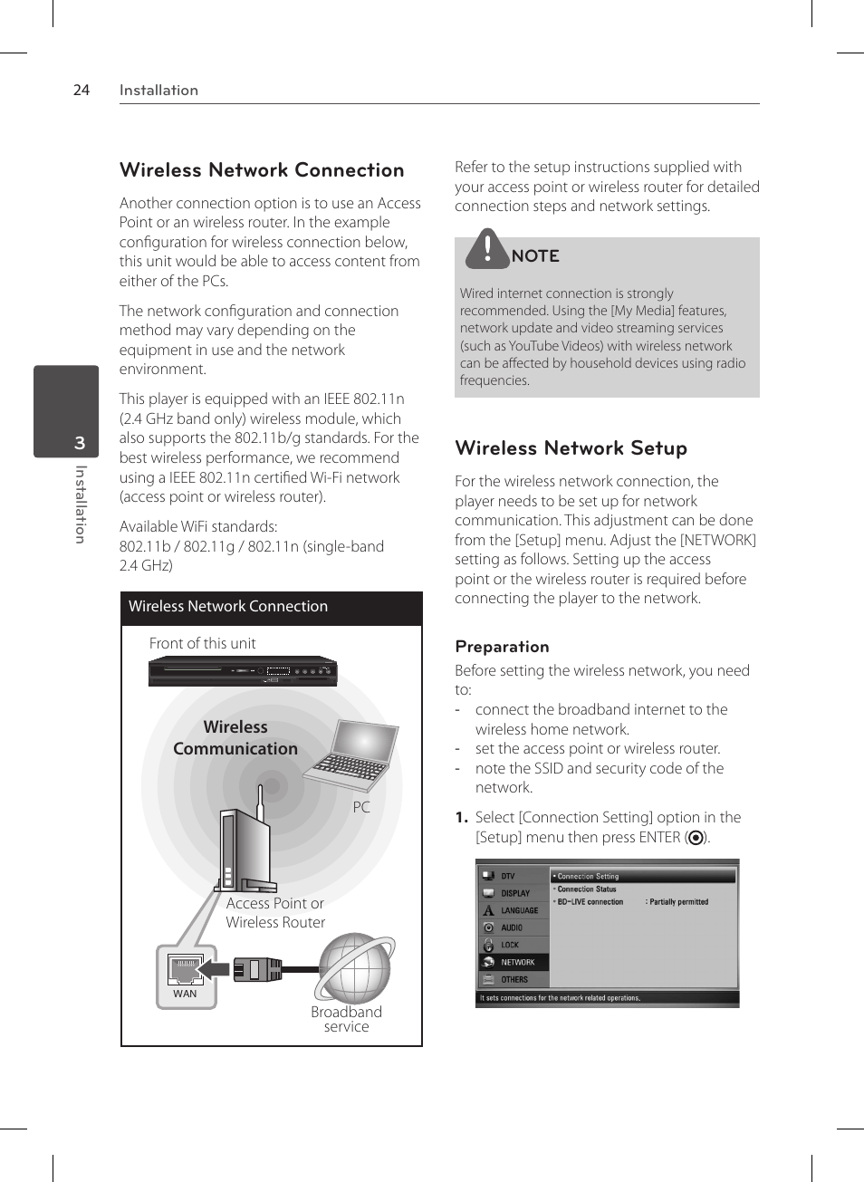 Wireless network connection, Wireless network setup | LG HR570S User Manual | Page 24 / 112