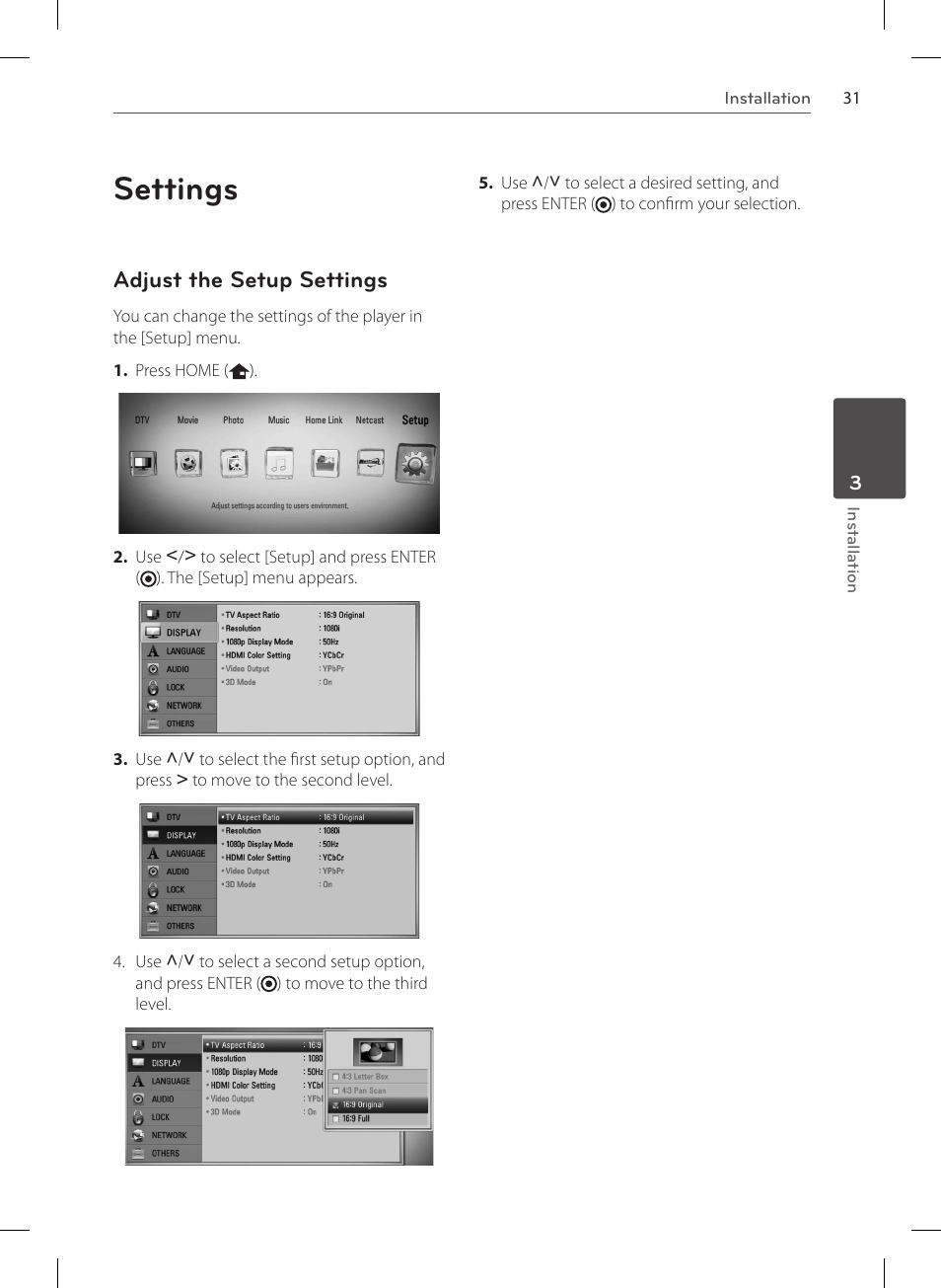 Settings, Adjust the setup settings | LG HR570S User Manual | Page 31 / 112