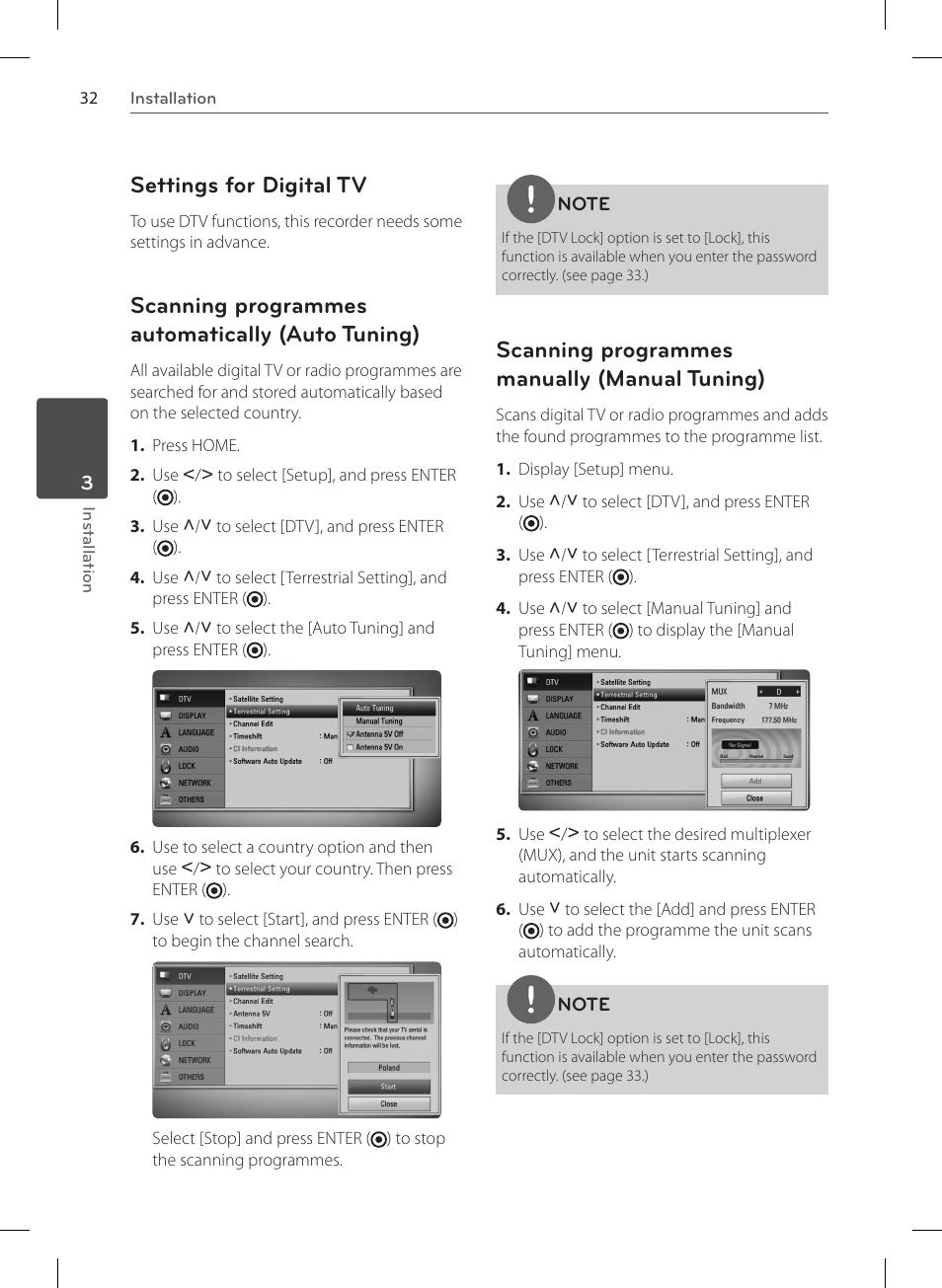 Settings for digital tv, Scanning programmes automatically (auto tuning), Scanning programmes manually (manual tuning) | LG HR570S User Manual | Page 32 / 112