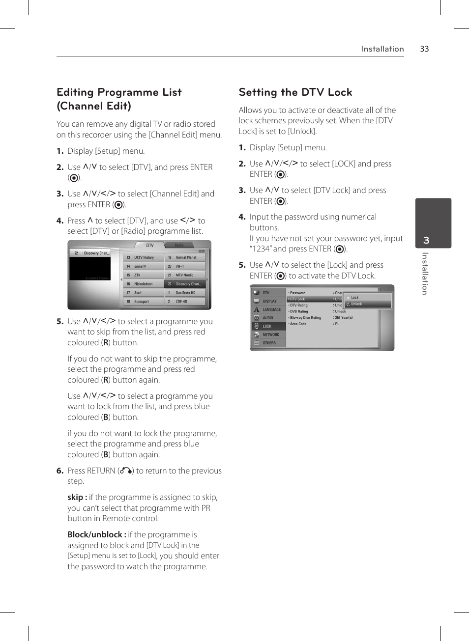 Editing programme list (channel edit), Setting the dtv lock | LG HR570S User Manual | Page 33 / 112