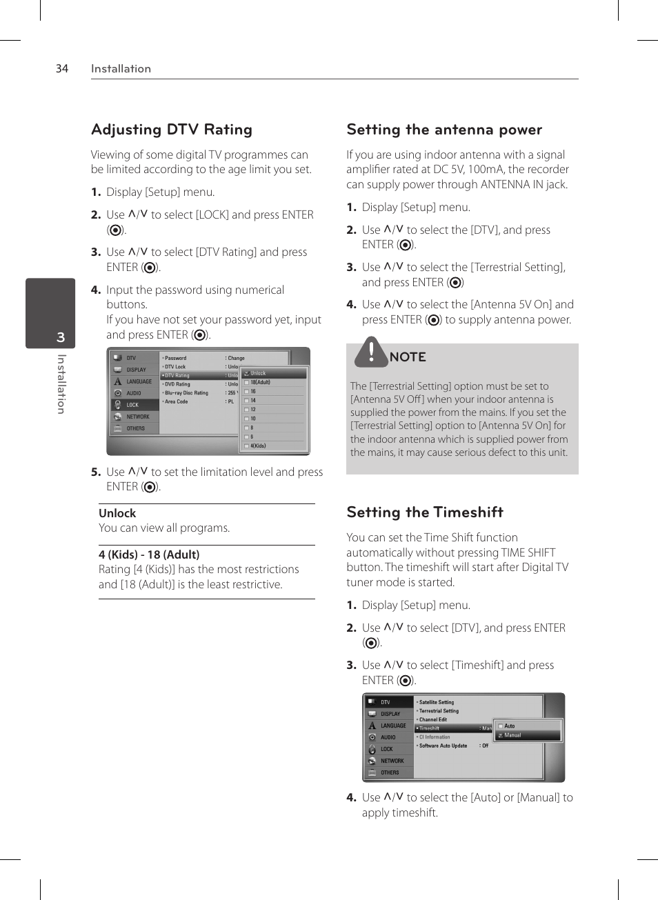 Adjusting dtv rating, Setting the antenna power, Setting the timeshift | LG HR570S User Manual | Page 34 / 112