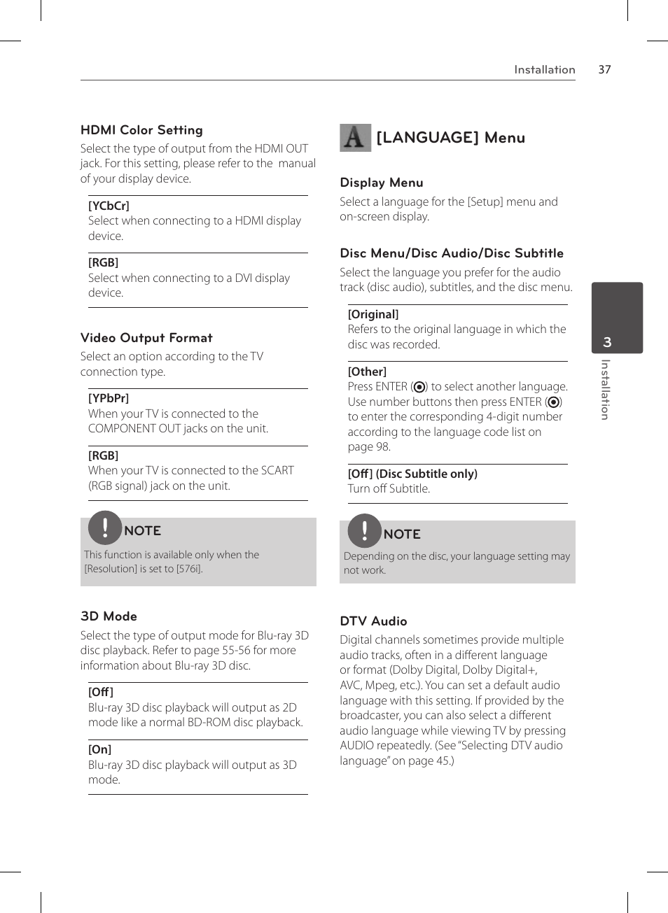 Language] menu | LG HR570S User Manual | Page 37 / 112