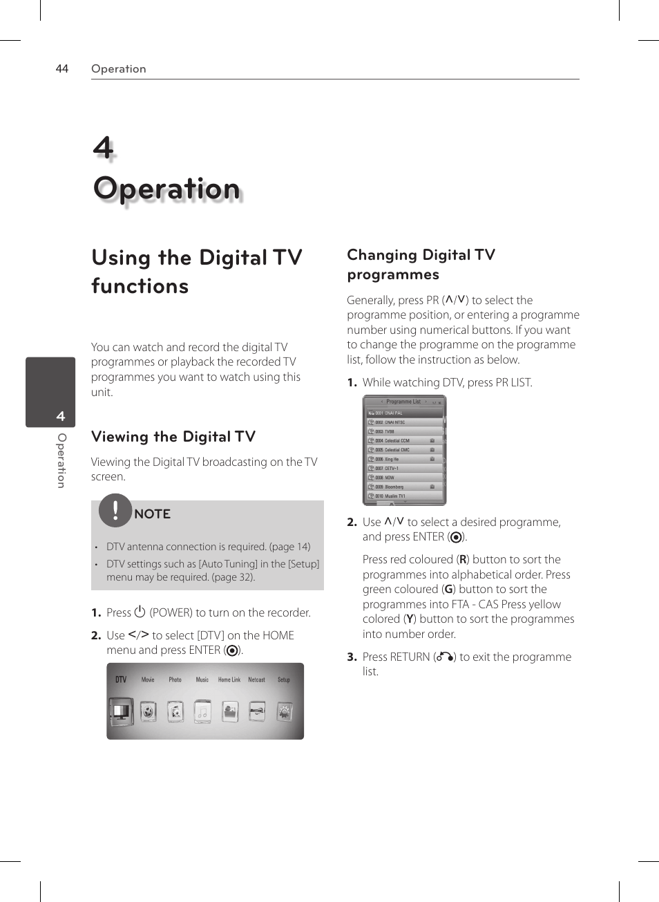 4operation, Using the digital tv functions | LG HR570S User Manual | Page 44 / 112