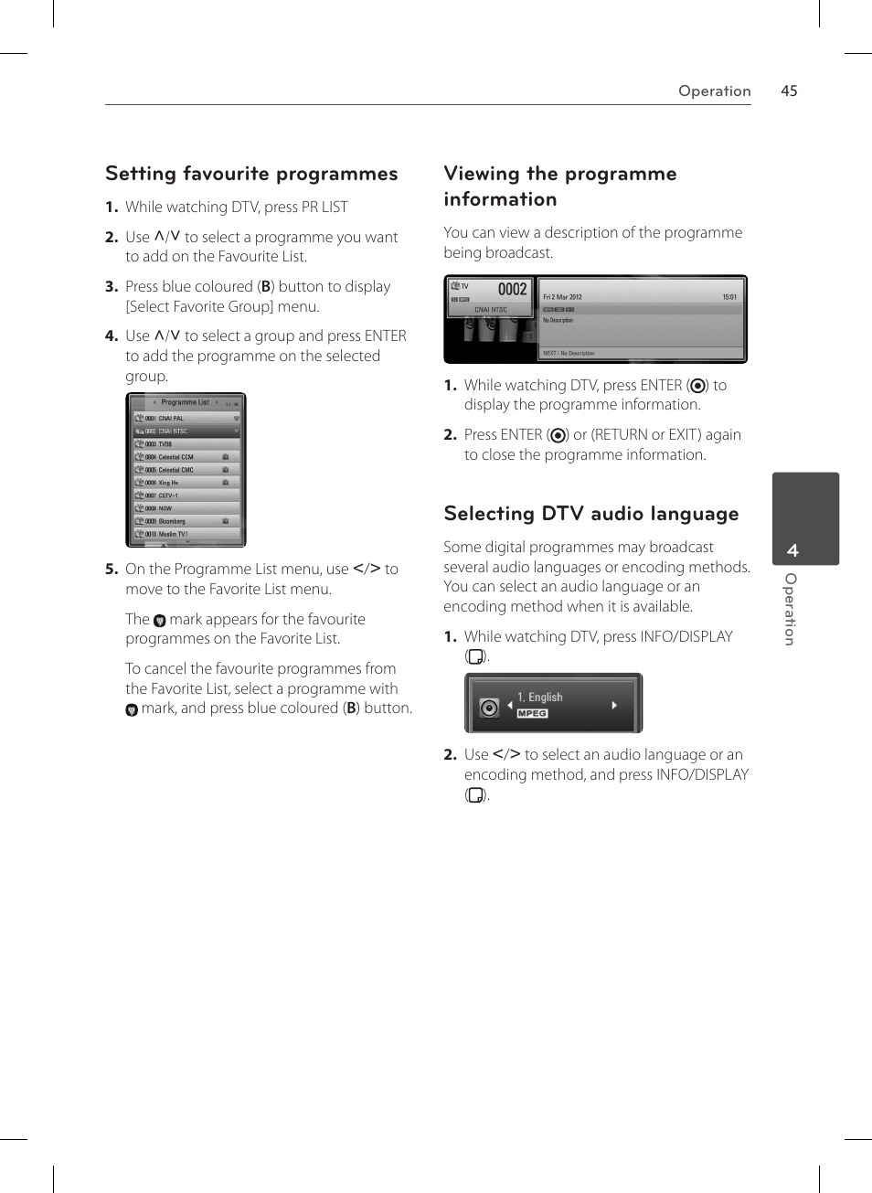 Setting favourite programmes, Viewing the programme information, Selecting dtv audio language | LG HR570S User Manual | Page 45 / 112