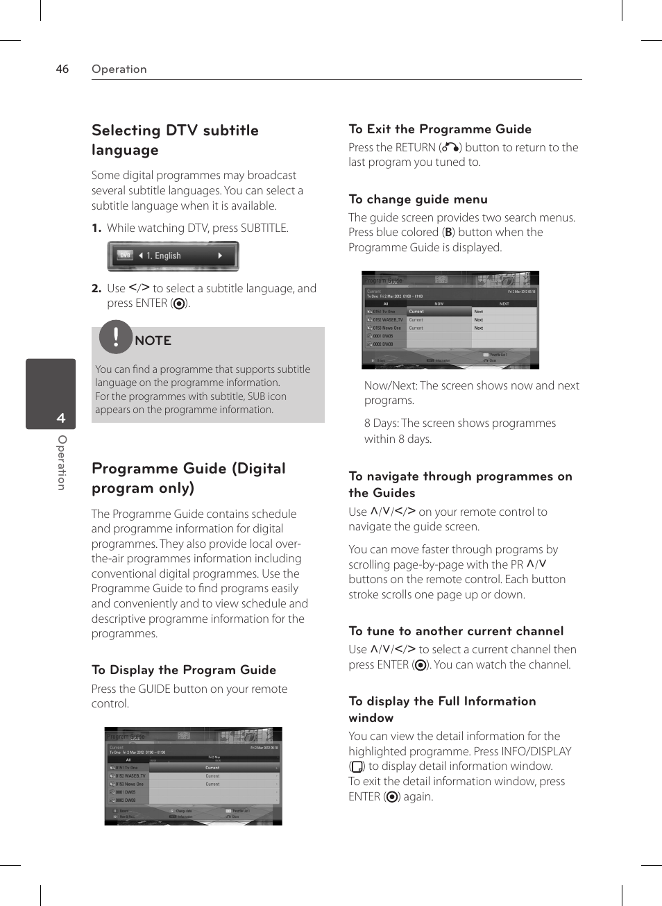 Selecting dtv subtitle language, Programme guide (digital program only) | LG HR570S User Manual | Page 46 / 112