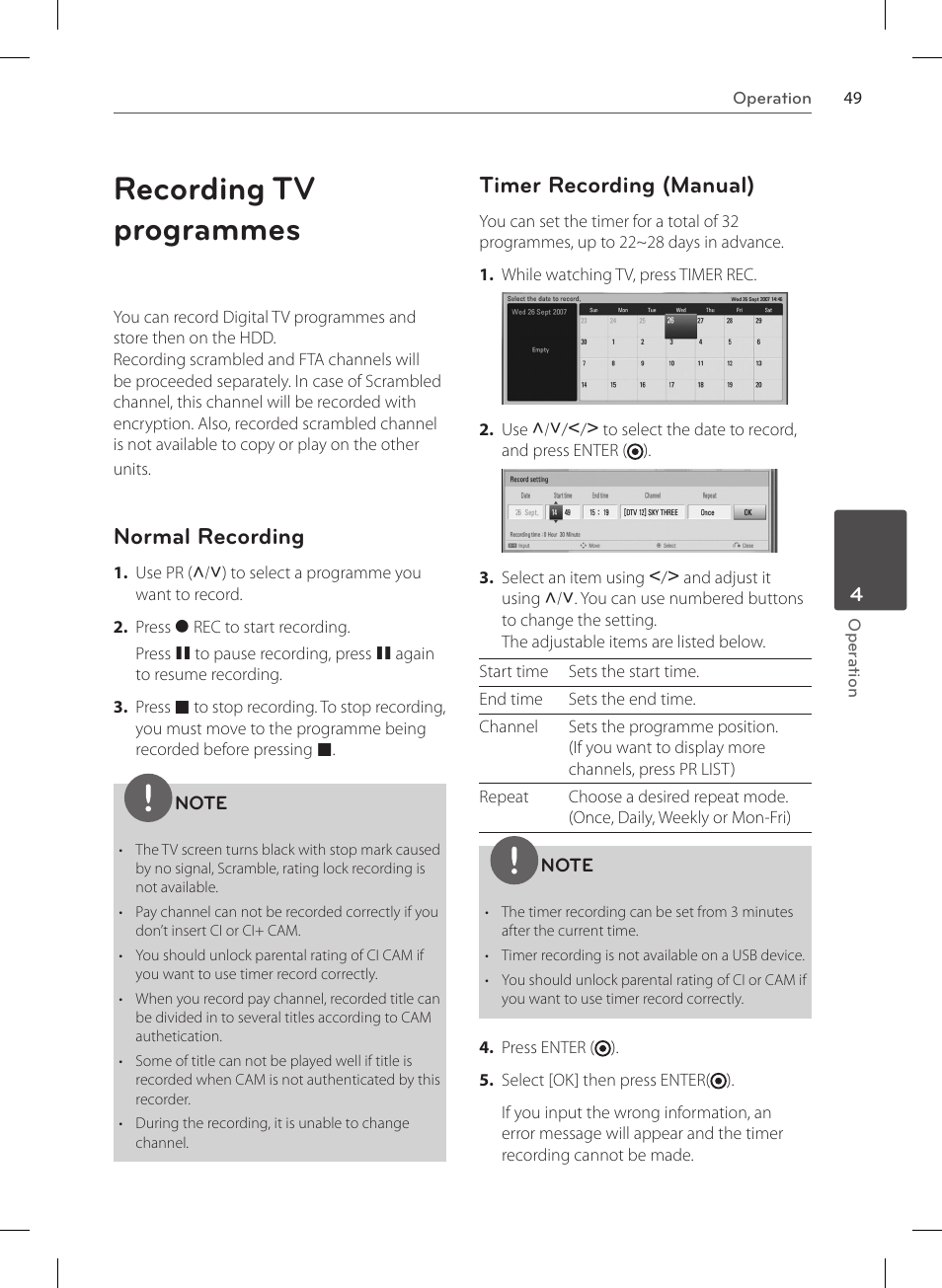 Recording tv programmes, Normal recording, Timer recording (manual) | LG HR570S User Manual | Page 49 / 112