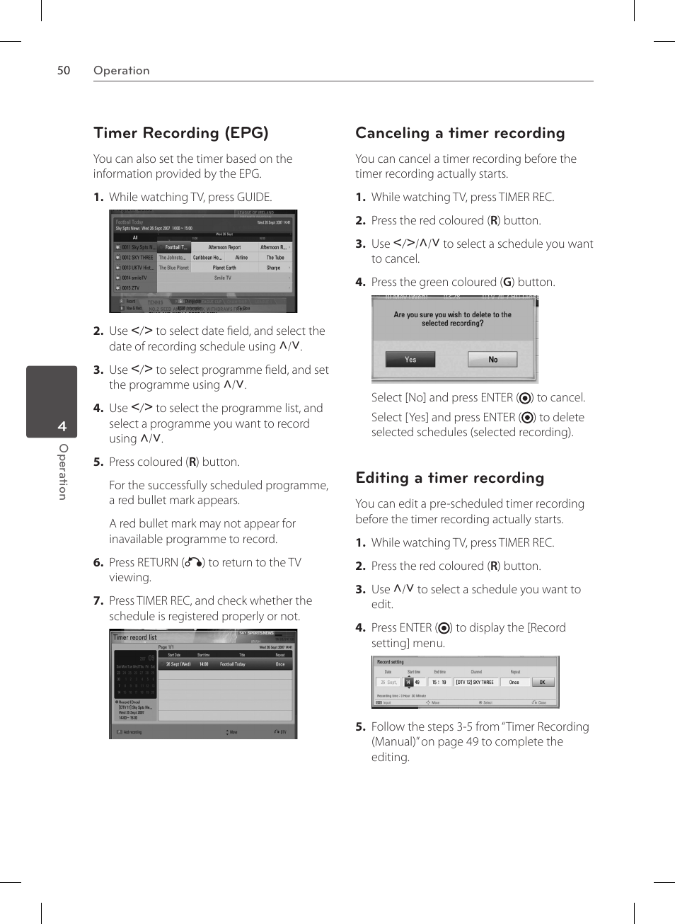 Timer recording (epg), Canceling a timer recording, Editing a timer recording | LG HR570S User Manual | Page 50 / 112