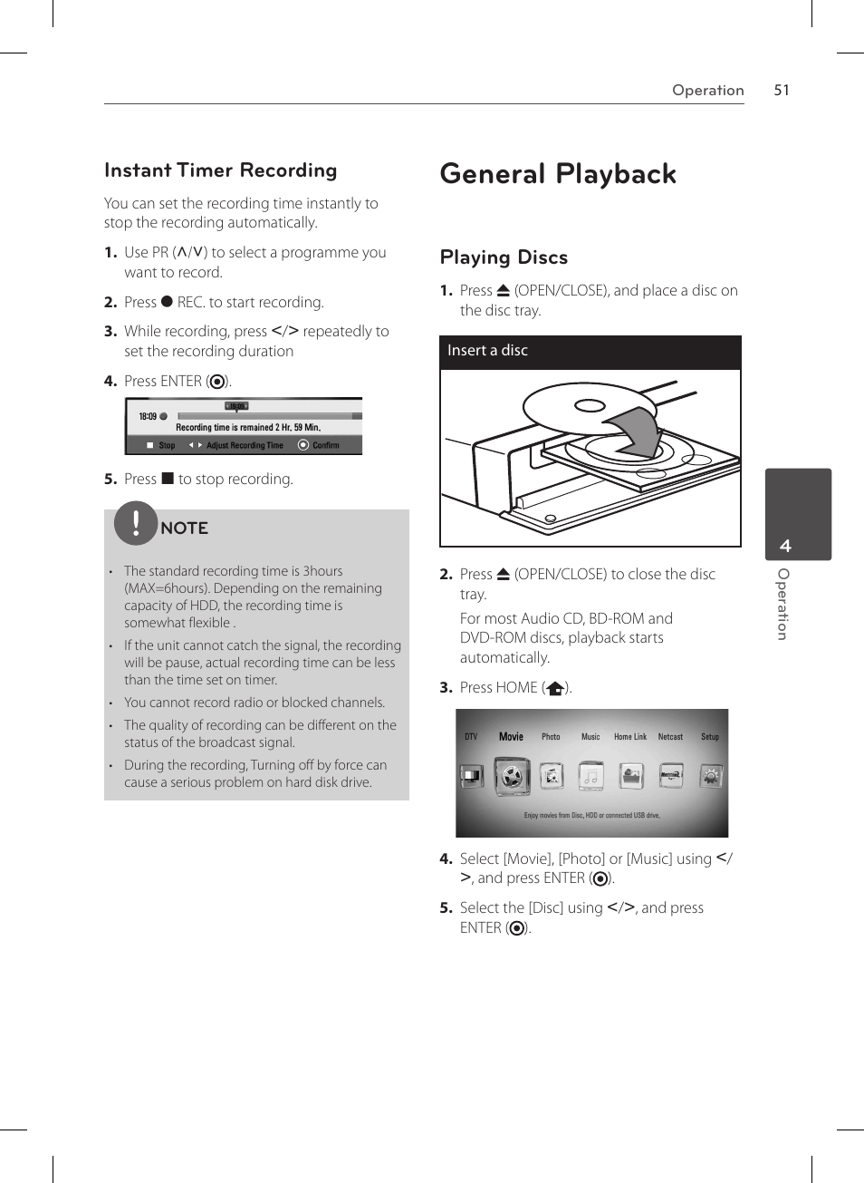 General playback, Instant timer recording, Playing discs | LG HR570S User Manual | Page 51 / 112