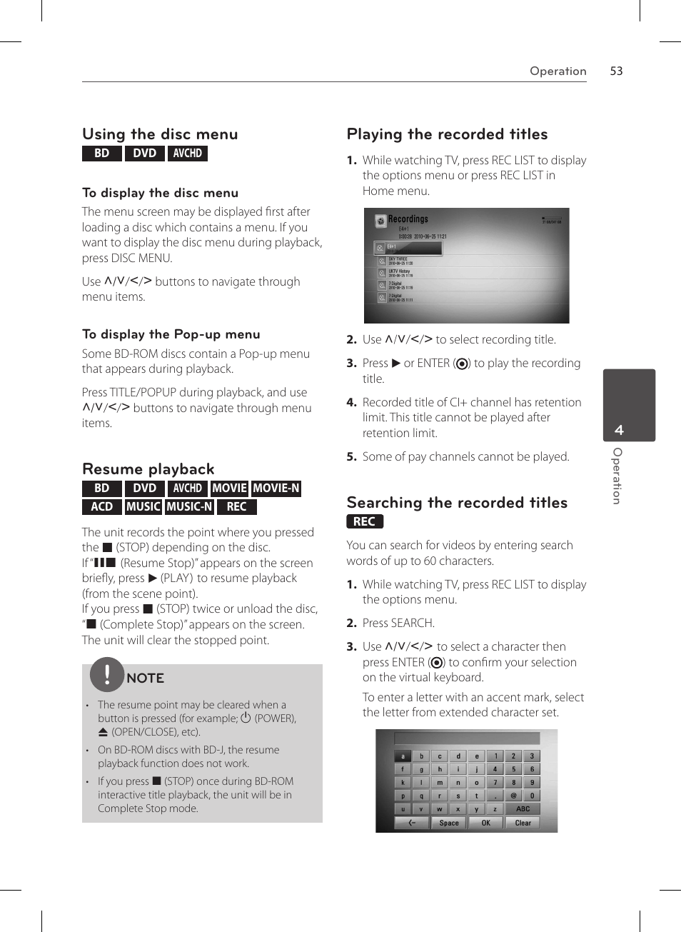 Using the disc menu, Resume playback, Playing the recorded titles | Searching the recorded titles | LG HR570S User Manual | Page 53 / 112