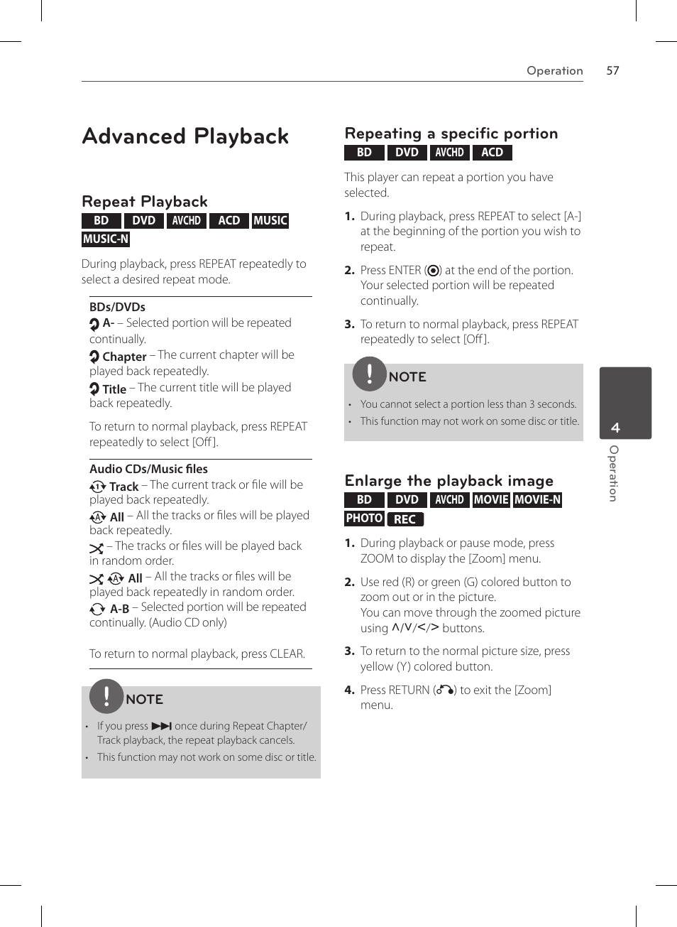 Advanced playback, Repeat playback, Repeating a specific portion | Enlarge the playback image | LG HR570S User Manual | Page 57 / 112