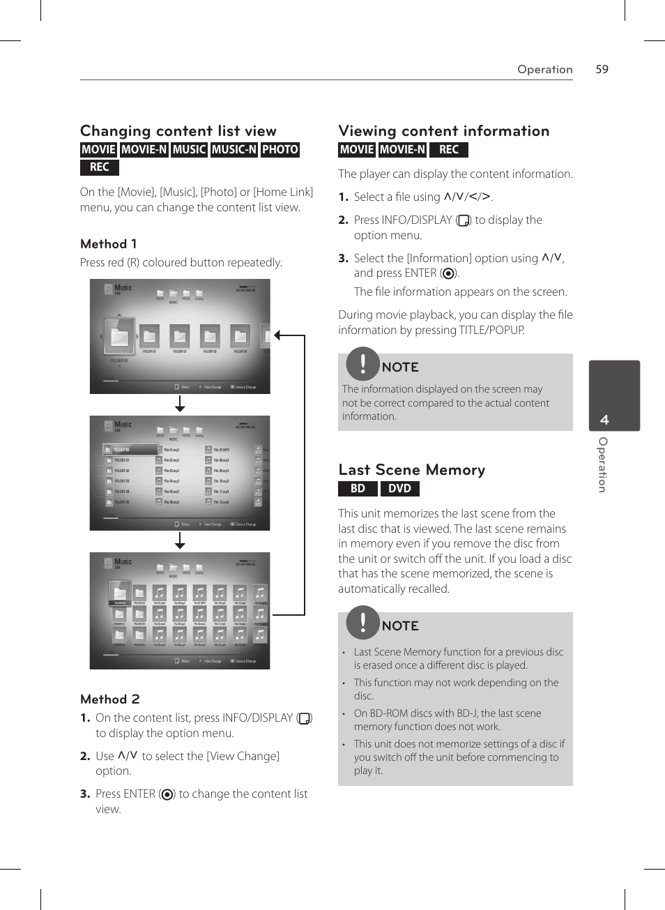 Changing content list view, Viewing content information | LG HR570S User Manual | Page 59 / 112