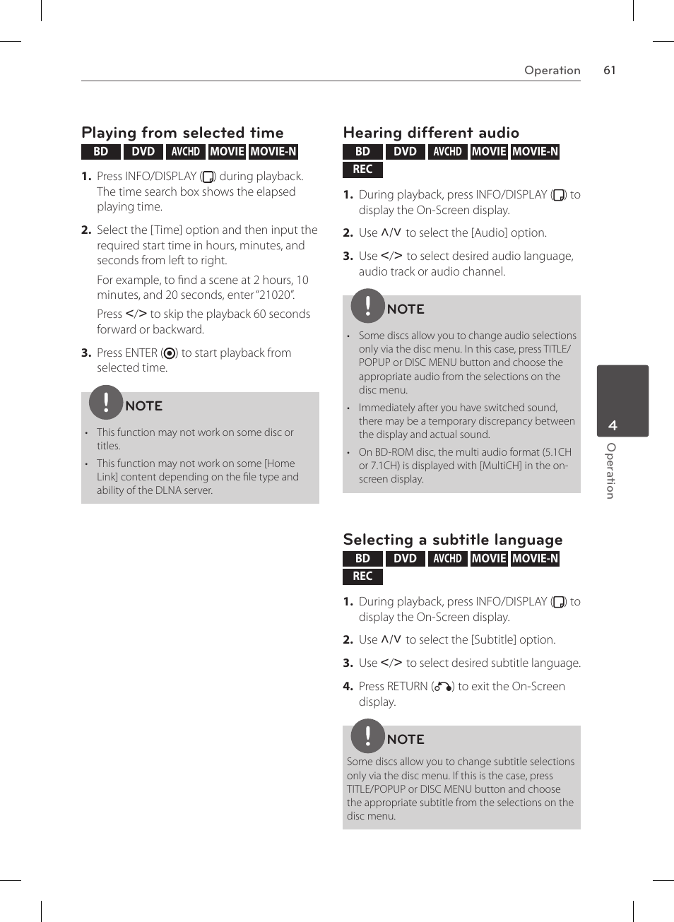 Playing from selected time, Hearing different audio, Selecting a subtitle language | LG HR570S User Manual | Page 61 / 112