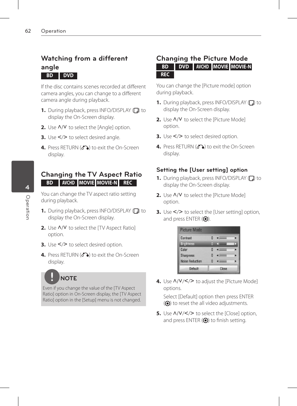 Watching from a different angle, Changing the tv aspect ratio, Changing the picture mode | LG HR570S User Manual | Page 62 / 112