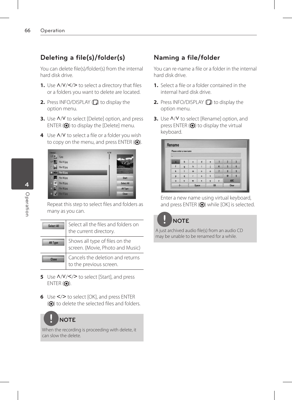 Deleting a file(s)/folder(s), Naming a file/folder | LG HR570S User Manual | Page 66 / 112