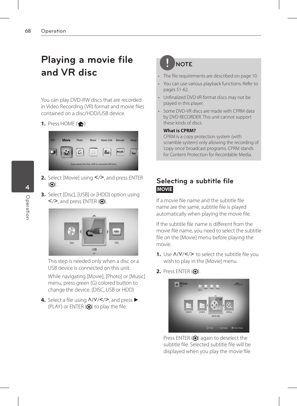 Playing a movie file and vr disc, Selecting a subtitle file | LG HR570S User Manual | Page 68 / 112