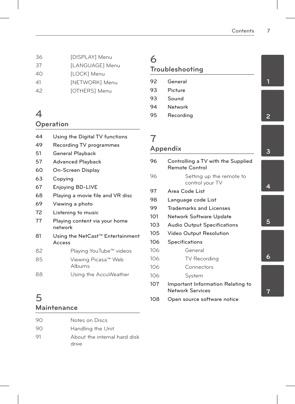 Operation, Maintenance, Troubleshooting | Appendix | LG HR570S User Manual | Page 7 / 112