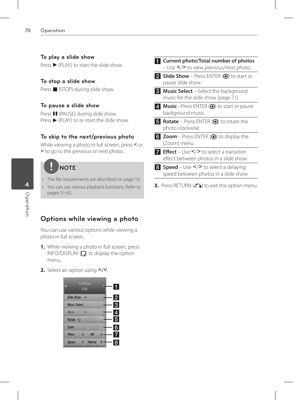 Options while viewing a photo | LG HR570S User Manual | Page 70 / 112