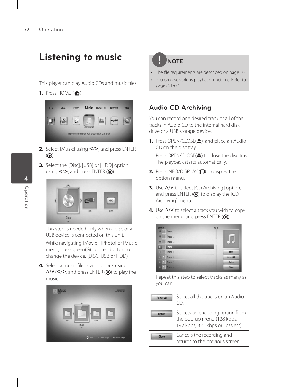 Listening to music, Audio cd archiving | LG HR570S User Manual | Page 72 / 112