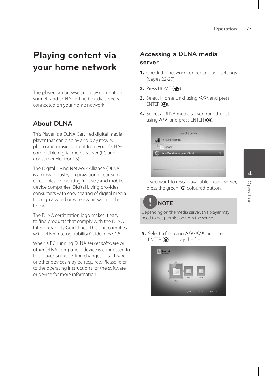 Playing content via your home network, About dlna, Accessing a dlna media server | LG HR570S User Manual | Page 77 / 112