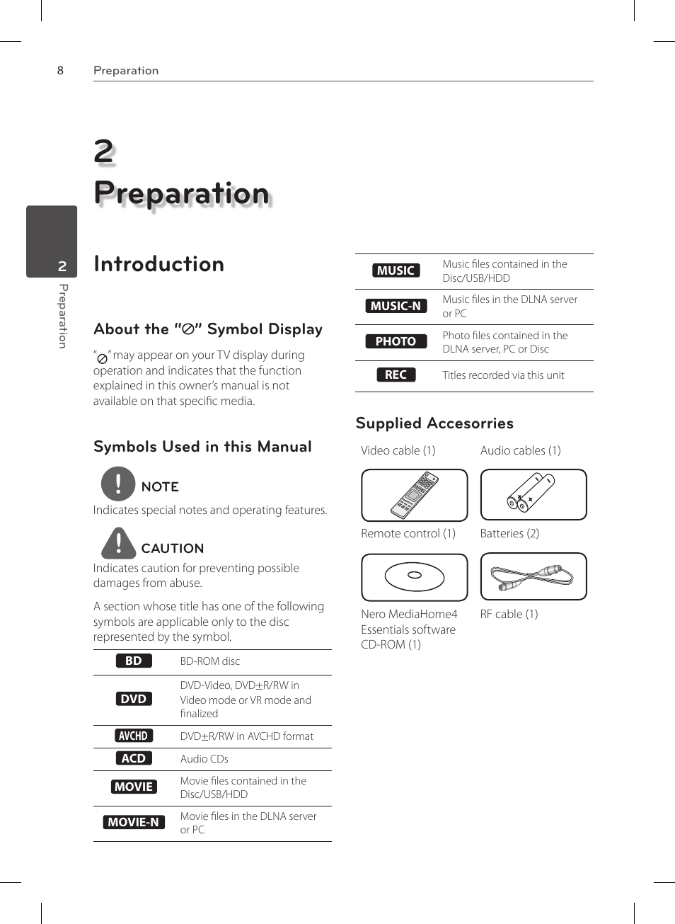 2preparation, Introduction, About the “ ” symbol display | Symbols used in this manual, Supplied accesorries | LG HR570S User Manual | Page 8 / 112