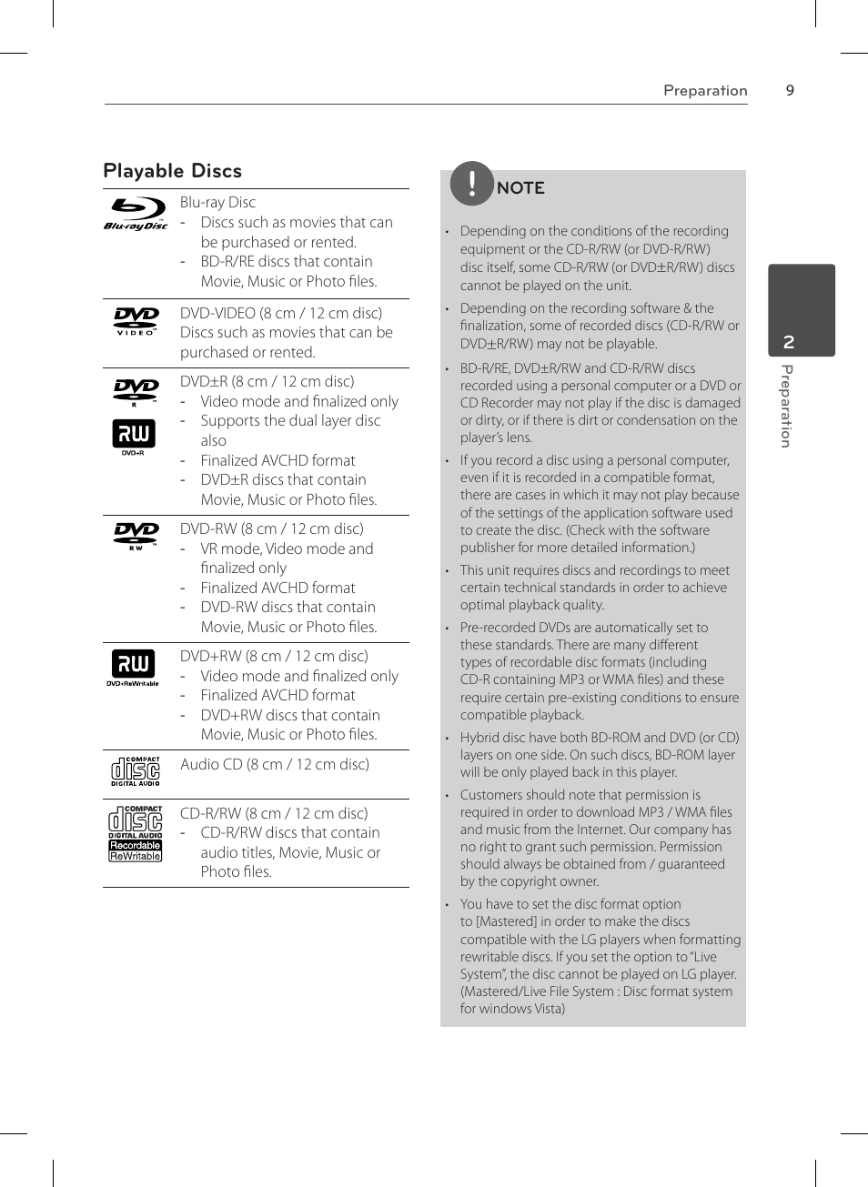 Playable discs | LG HR570S User Manual | Page 9 / 112