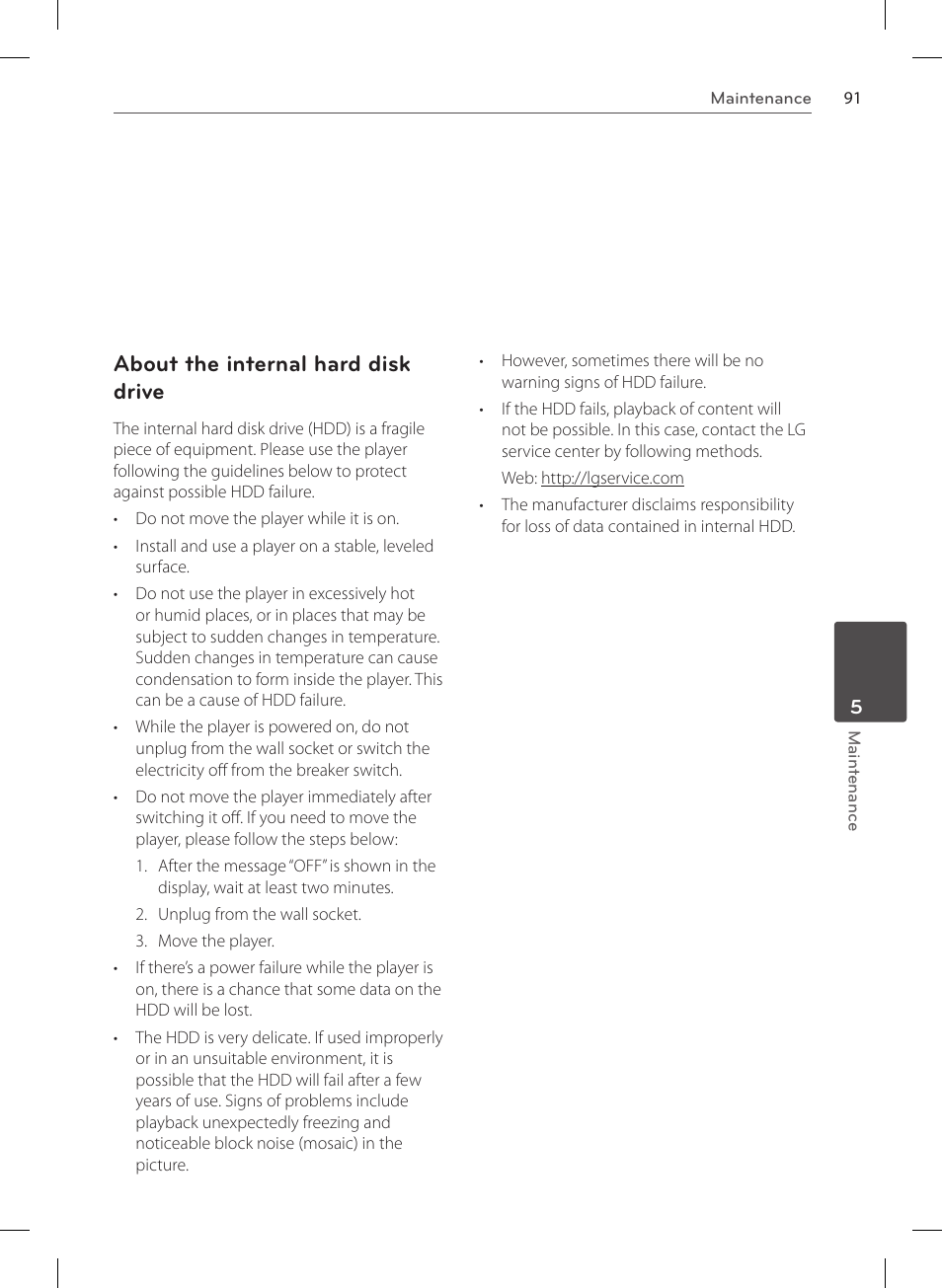 About the internal hard disk drive | LG HR570S User Manual | Page 91 / 112