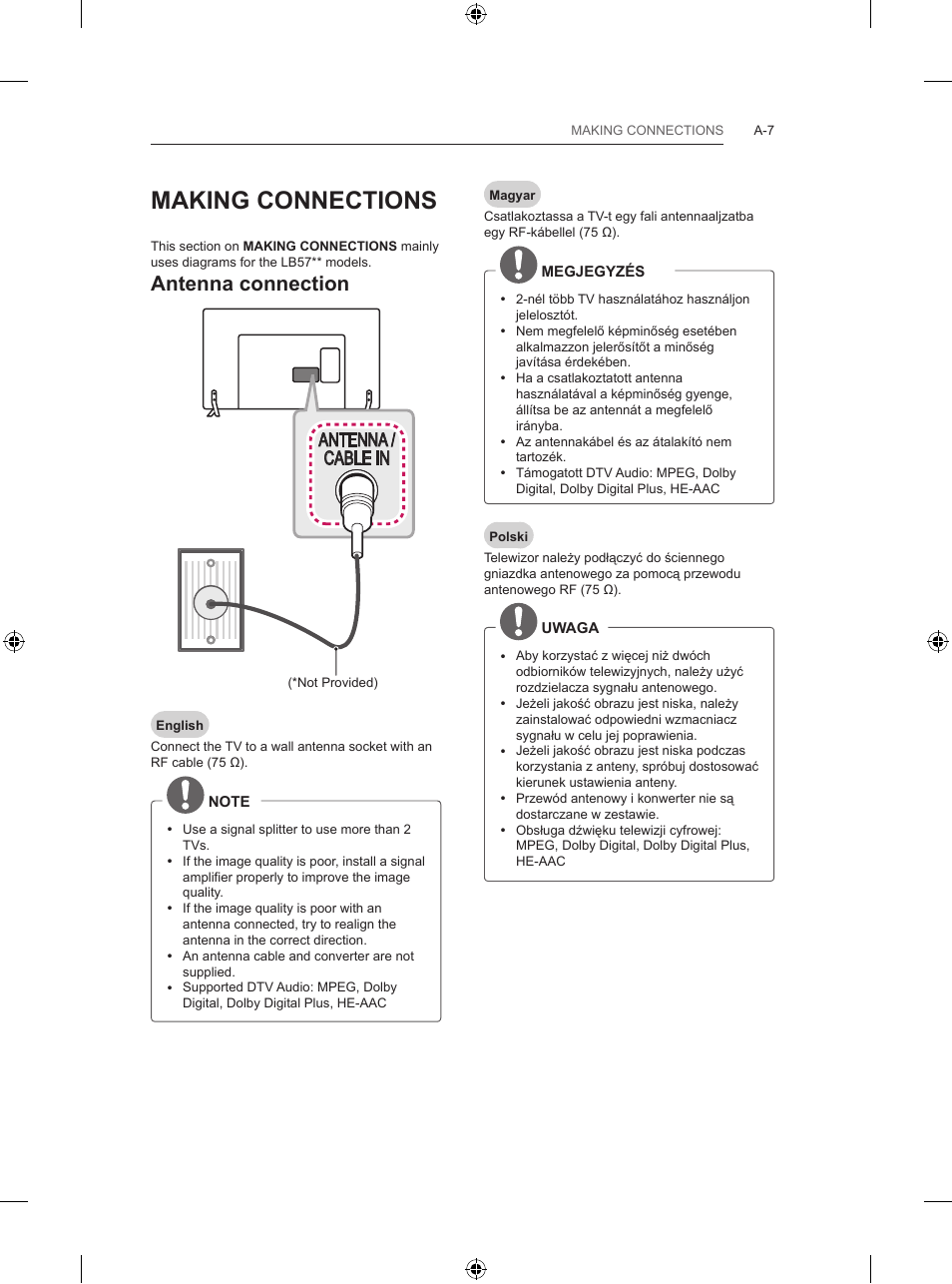 Ee_00_connection, Making connections, Antenna connection | Antenna / cable in | LG 32LB5700 User Manual | Page 10 / 395