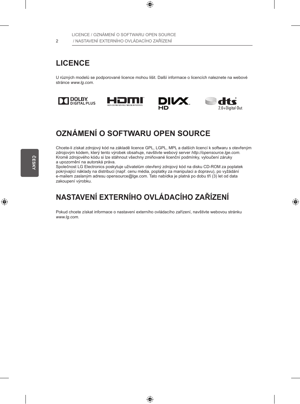 Licence, Oznámení o softwaru open source, Nastavení externího ovládacího zařízení | LG 32LB5700 User Manual | Page 103 / 395