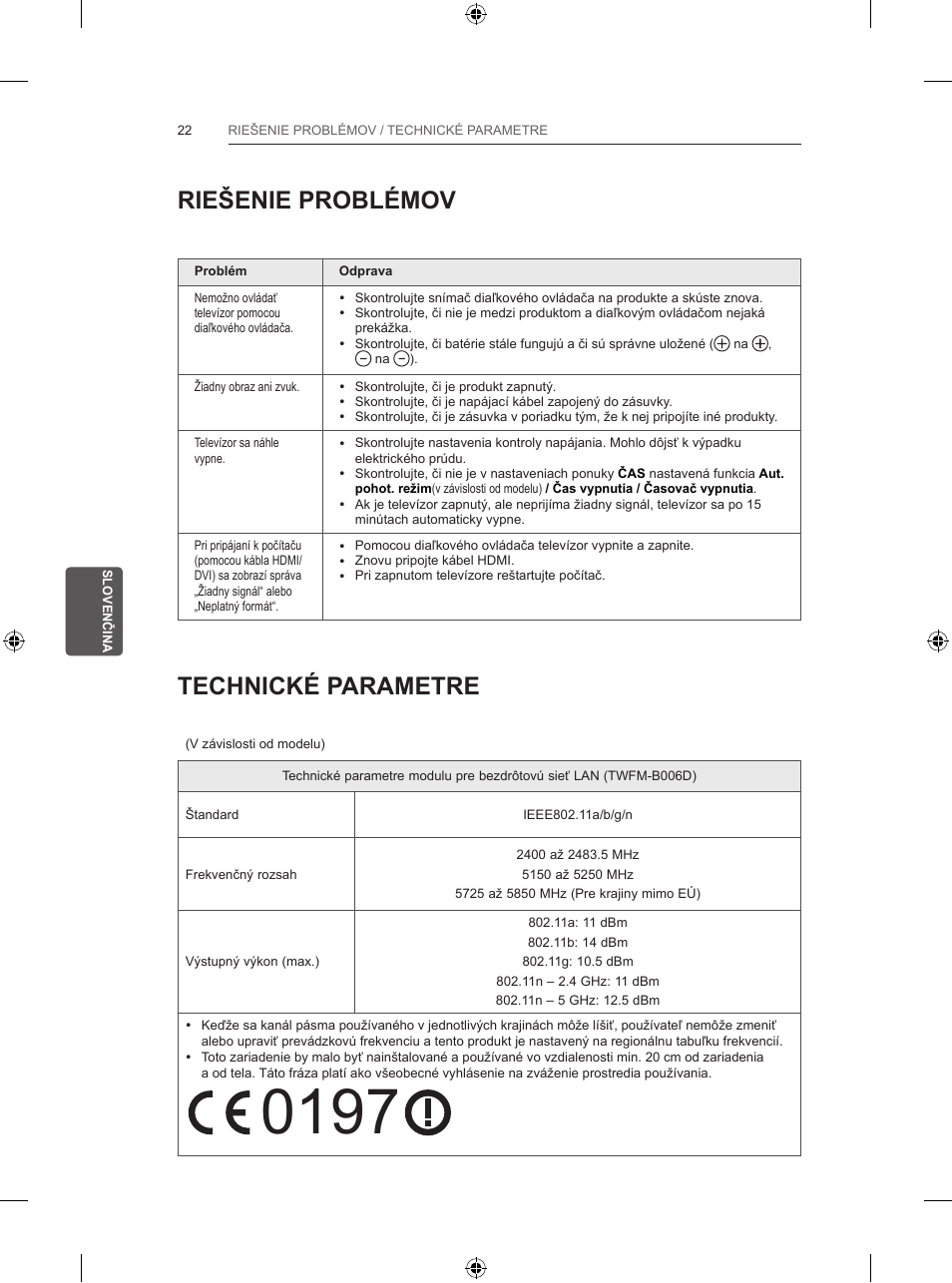 Riešenie problémov, Technické parametre | LG 32LB5700 User Manual | Page 145 / 395