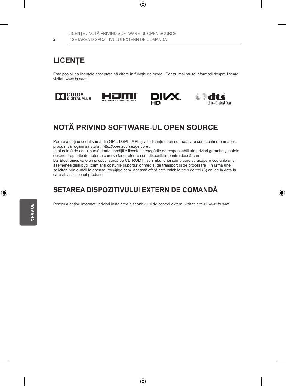 Licenţe, Notă privind software-ul open source, Setarea dispozitivului extern de comandă | LG 32LB5700 User Manual | Page 147 / 395