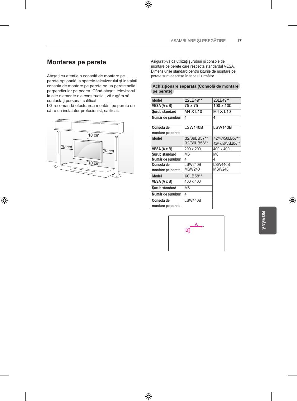 Montarea pe perete | LG 32LB5700 User Manual | Page 162 / 395