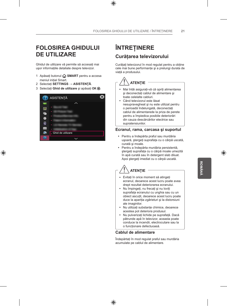 Folosirea ghidului de utilizare, Întreţinere, Curăţarea televizorului | LG 32LB5700 User Manual | Page 166 / 395