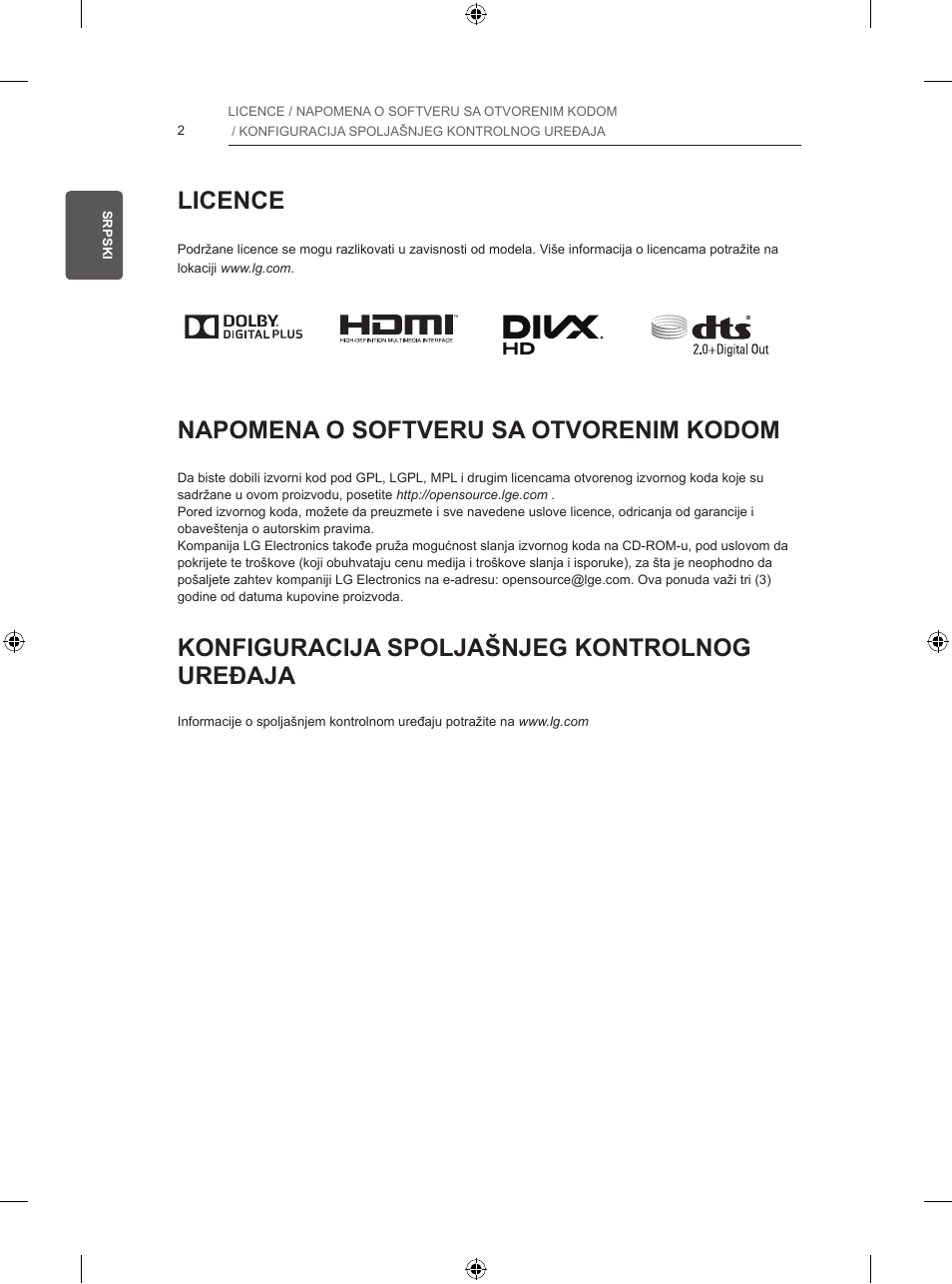 Licence, Napomena o softveru sa otvorenim kodom, Konfiguracija spoljašnjeg kontrolnog uređaja | LG 32LB5700 User Manual | Page 257 / 395