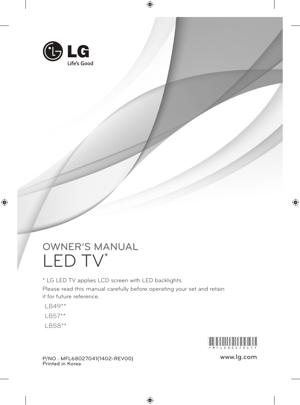 Ee_00_a-front, Led tv, Owner’s manual | LG 32LB5700 User Manual | Page 4 / 395