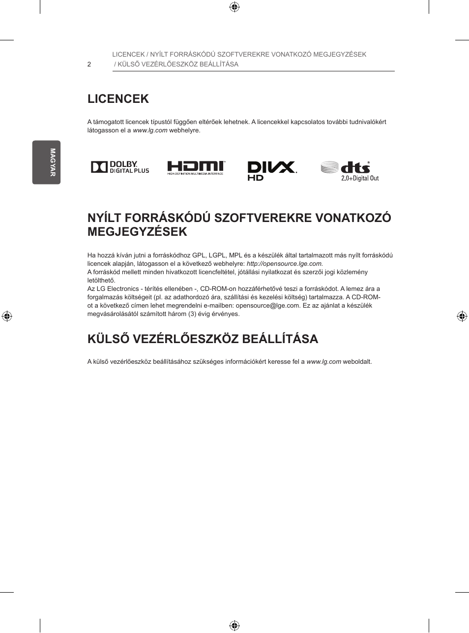 Licencek, Külső vezérlőeszköz beállítása | LG 32LB5700 User Manual | Page 59 / 395