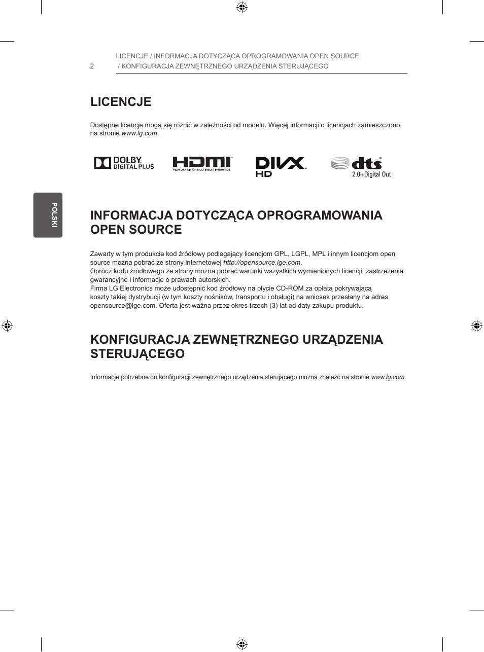 Licencje, Informacja dotycząca oprogramowania open source, Konfiguracja zewnętrznego urządzenia sterującego | LG 32LB5700 User Manual | Page 81 / 395