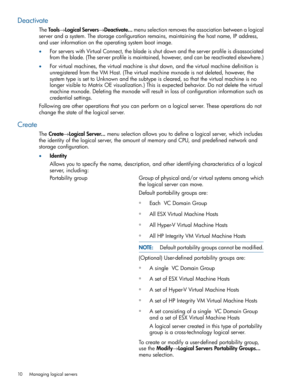 Deactivate, Create, Deactivate create | HP Matrix Operating Environment Software User Manual | Page 10 / 99