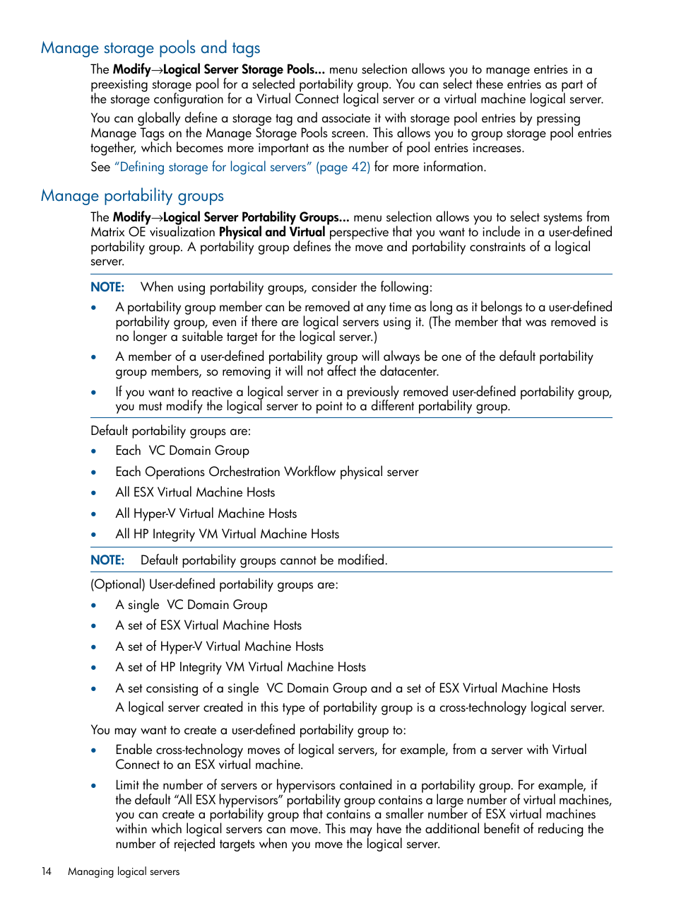 Manage storage pools and tags, Manage portability groups | HP Matrix Operating Environment Software User Manual | Page 14 / 99