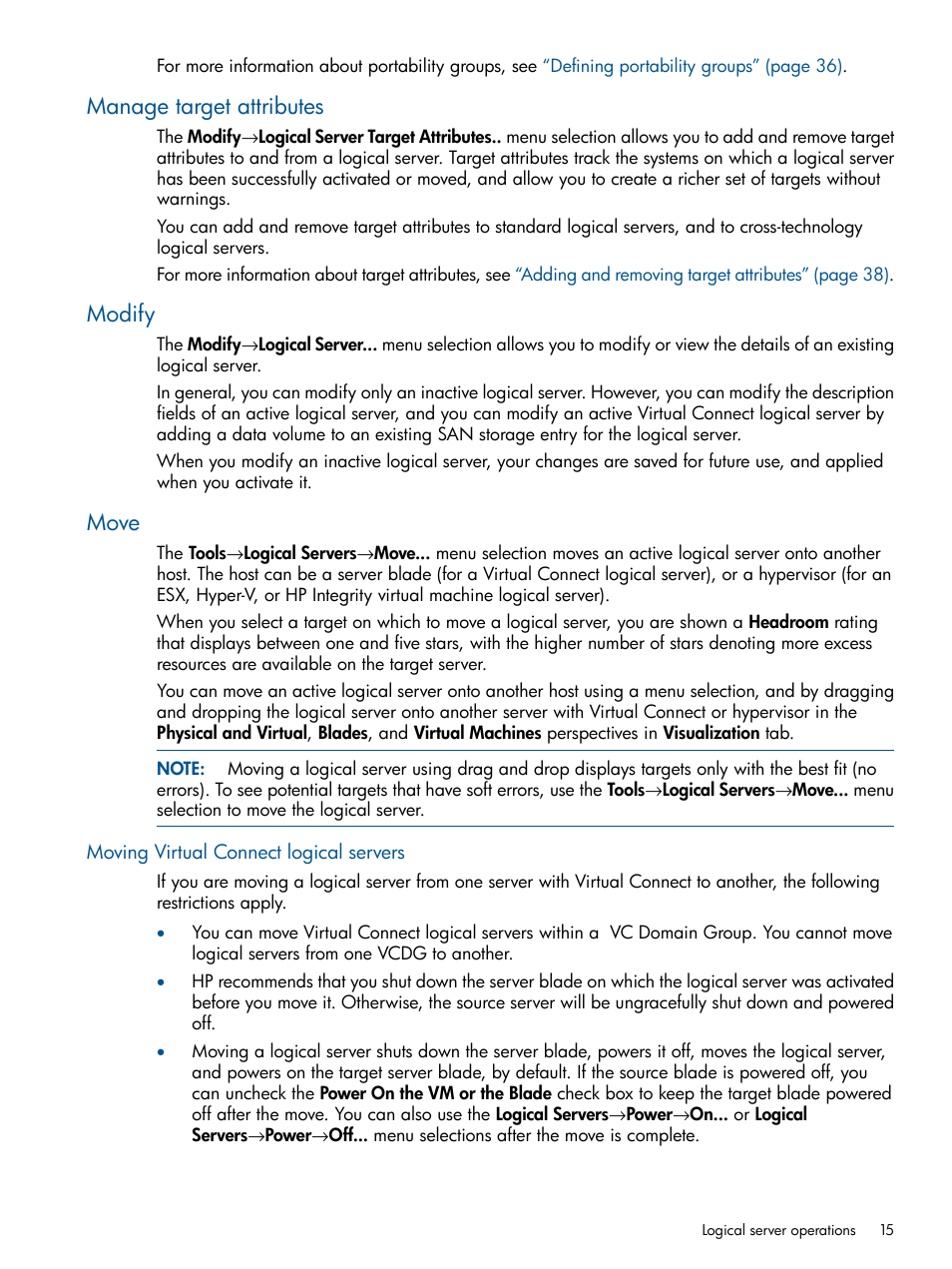 Manage target attributes, Modify, Move | Moving virtual connect logical servers, Manage target attributes modify move | HP Matrix Operating Environment Software User Manual | Page 15 / 99