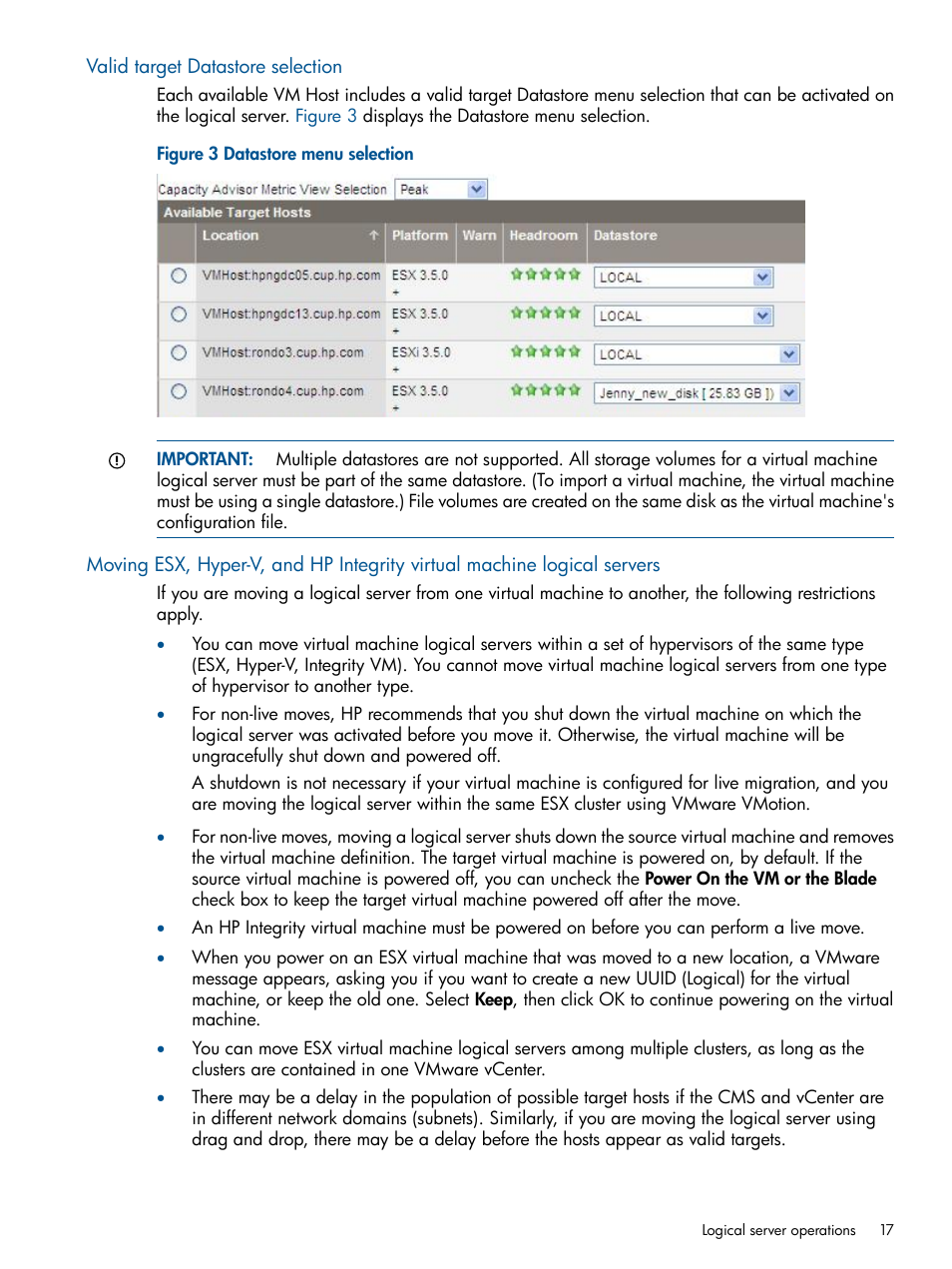 Valid target datastore selection | HP Matrix Operating Environment Software User Manual | Page 17 / 99