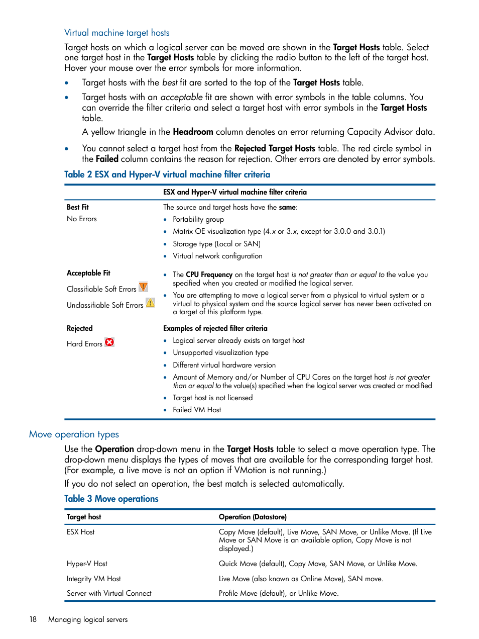 Virtual machine target hosts, Move operation types | HP Matrix Operating Environment Software User Manual | Page 18 / 99