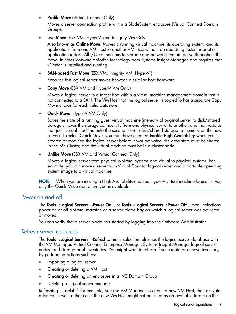 Power on and off, Refresh server resources, Power on and off refresh server resources | HP Matrix Operating Environment Software User Manual | Page 19 / 99