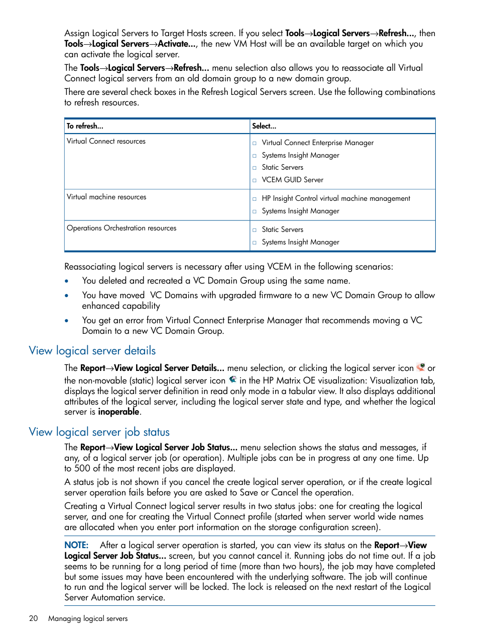 View logical server details, View logical server job status | HP Matrix Operating Environment Software User Manual | Page 20 / 99