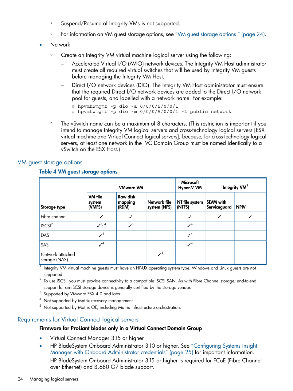Vm guest storage options, Requirements for virtual connect logical servers | HP Matrix Operating Environment Software User Manual | Page 24 / 99