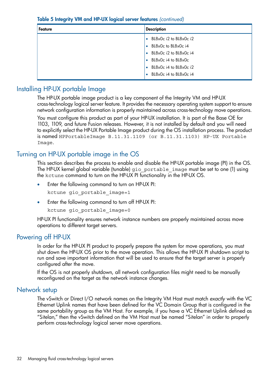 Installing hp-ux portable image, Turning on hp-ux portable image in the os, Powering off hp-ux | Network setup | HP Matrix Operating Environment Software User Manual | Page 32 / 99